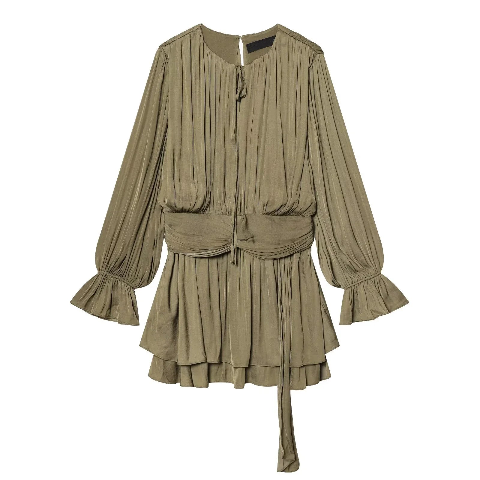 YENKYE New 2026 Women Pleated Satin Mini Dress Long Sleeve Spring Vestidos Casual Outings