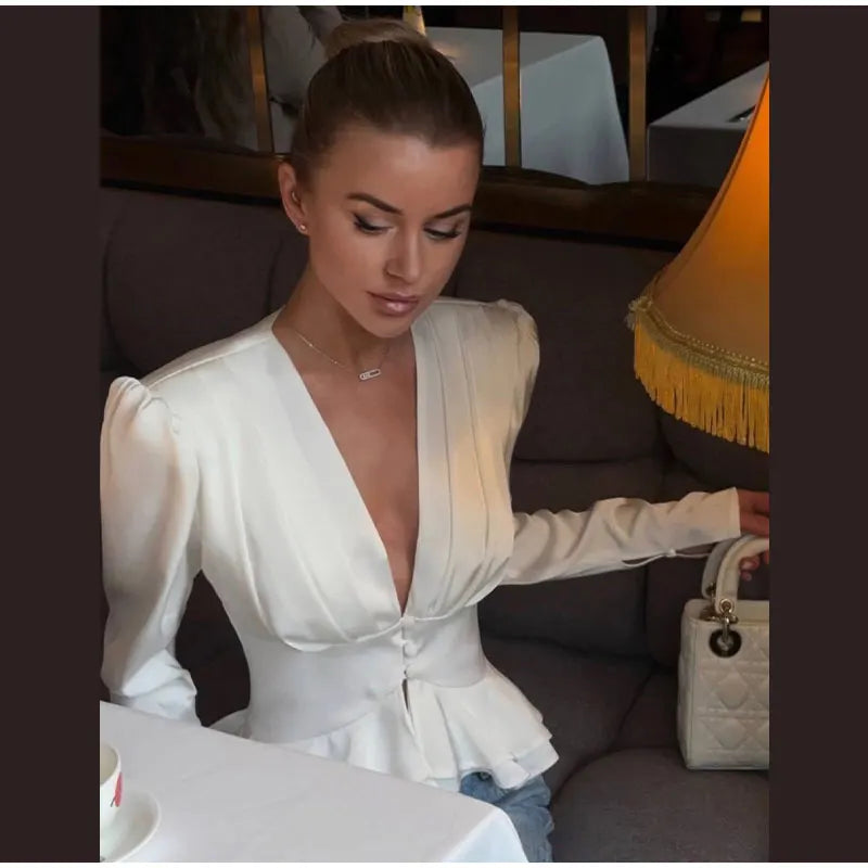 Fashion Street Ruffle Women's Blouse Solid Single Breasted Full Sleeve Pleated Cropped Shirt Lady New Casual Spring Clothing