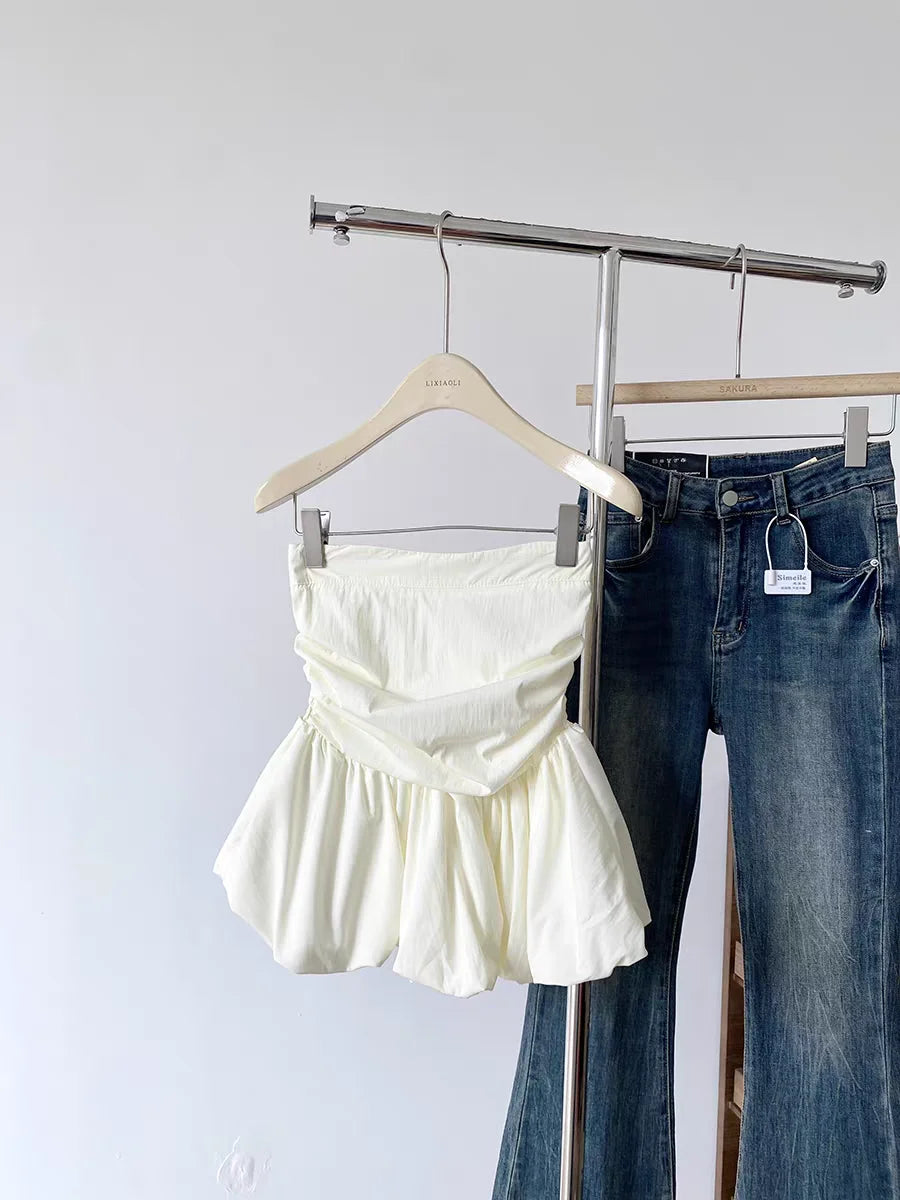 Ruffle Peplum Tube Cami Top: Waist-Cinching Sleeveless Crop Top Korean Style Chic Summer 2025 Bandeau For Petite Girl