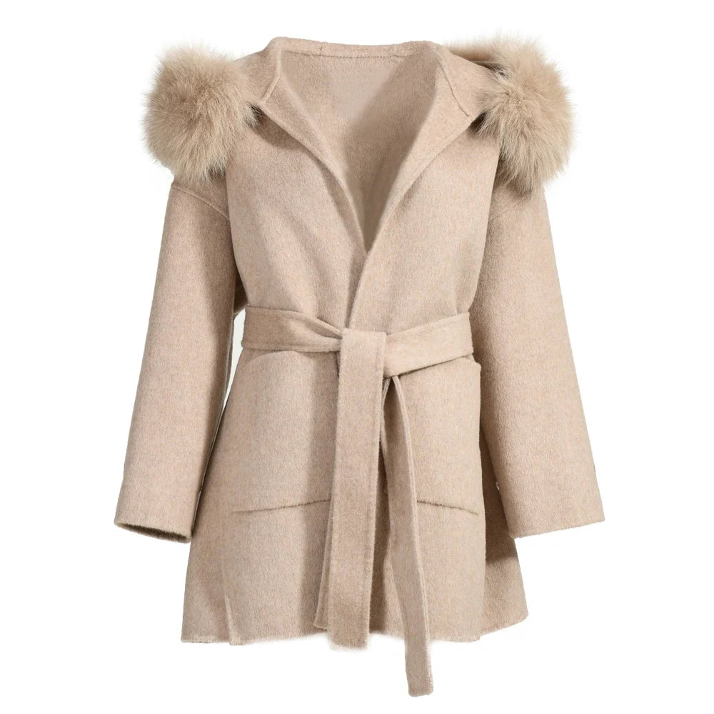 Jaxmonoy Women's Wool & Blends Coat With Real Fox Fur Ladies Autumn Winter Fashion Warm Loose Jacket with Hooded New in Outwear