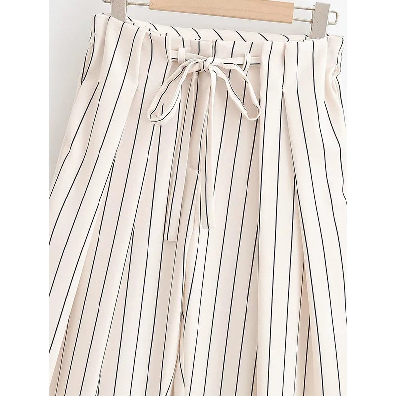 YENKYE 2026 Women Vertical Striped Wide Leg Pants Drawstring Waist Pleated Trousers Casual Loose Fit Pants