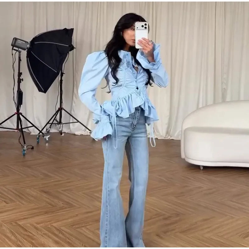 Fashion Street Ruffle Women's Blouse Solid Single Breasted Full Sleeve Pleated Cropped Shirt Lady New Casual Spring Clothing