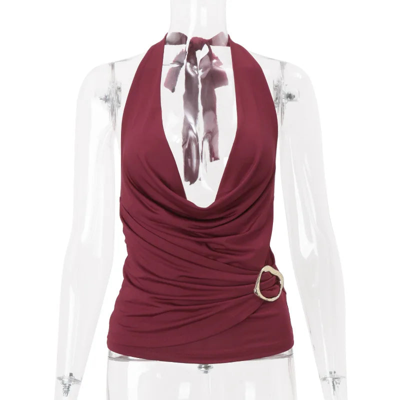 Cryptographic Embellished Ruched Sexy Draped Halter Tops Club Outfits Sleeveless Summer Solid Deep V Neck Cropped Tops Clothes