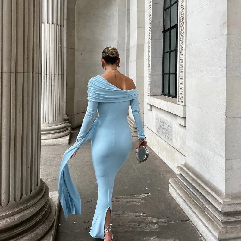 Cryptographic Elegant Asymmetrical Ruched Maxi Dress Party Club Outfits for Women Long Sleeve Sexy Bodycon Maxi Dresses Gown