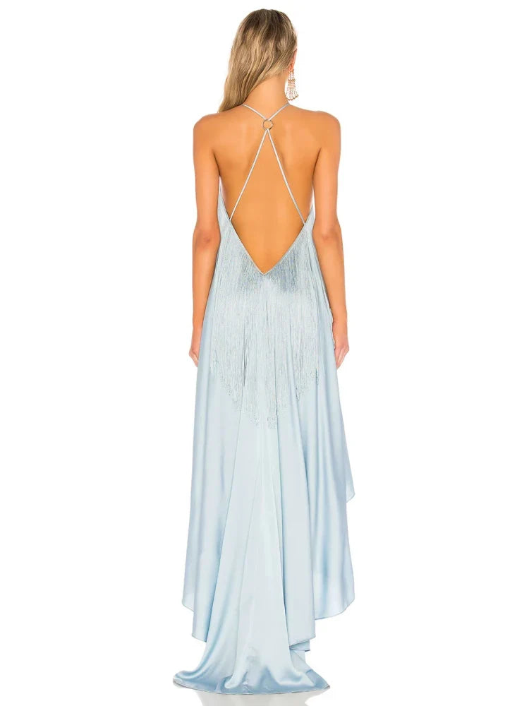 Sexy Halter Neck Tassel Hollow Out Long Dress Women Blue Sleeveless Backless Fringes Loose Dresses Evening Cocktail Party Gowns
