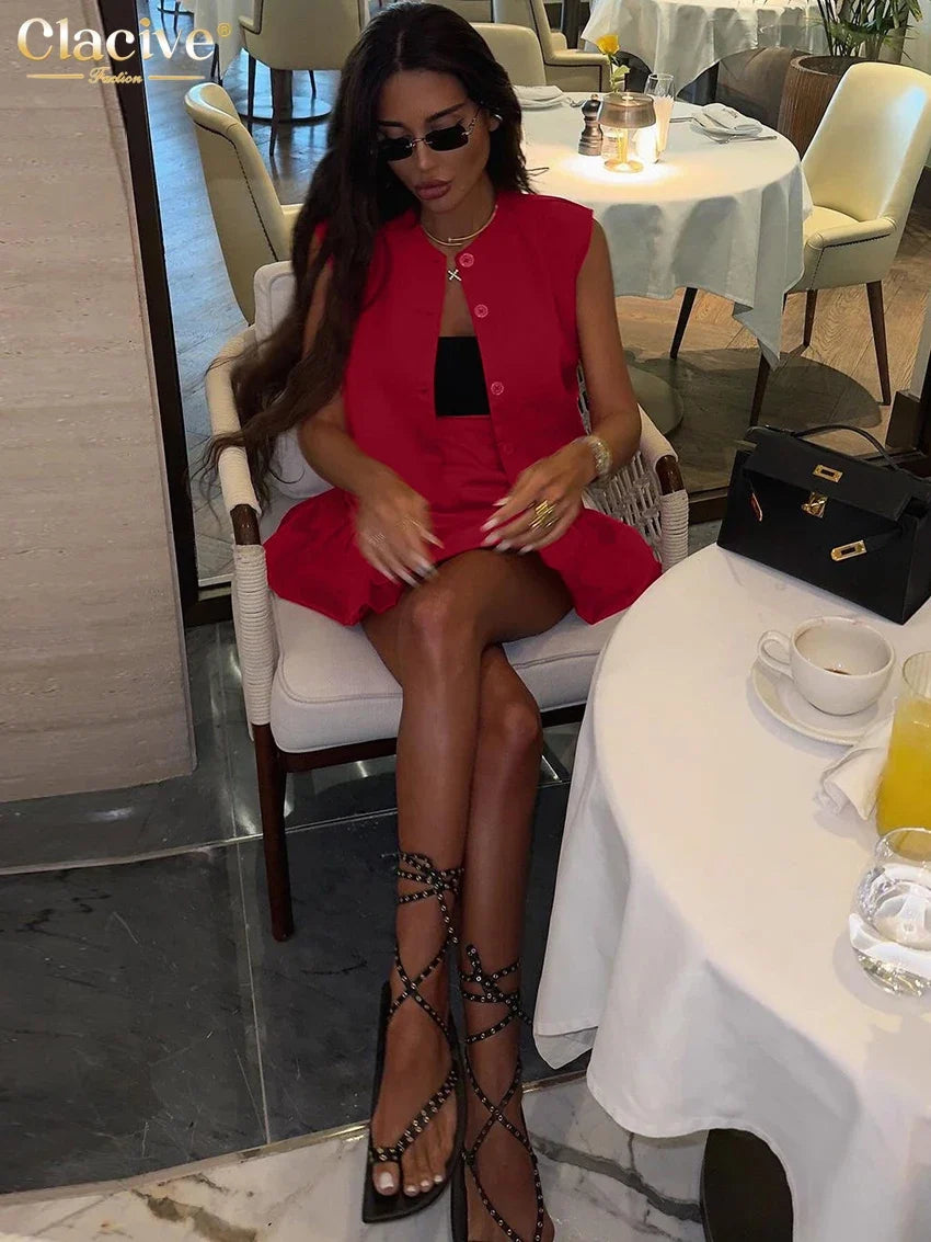Clacive Summer Loose Red Cotton Women's Two Pieces Set 2025 Fashion Sleeveless Tank Top With High Waist Mini Skirt Set Female