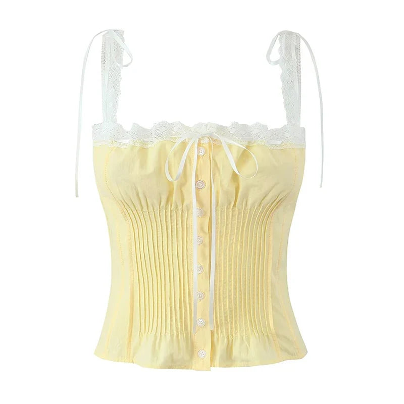 YENKYE New 2025 Women Front Button Lace Spliced Summer Tank Top Sexy Slim Fit Cotton Holiday Crop Top Chic Party Streetwear