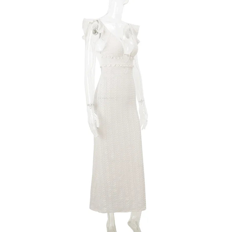Apricot Hollow Out Maxi Dress Women Sexy See Through Backless Slim Beach Dress Summer Fashion Ruffle Holiday Party Dress 2024