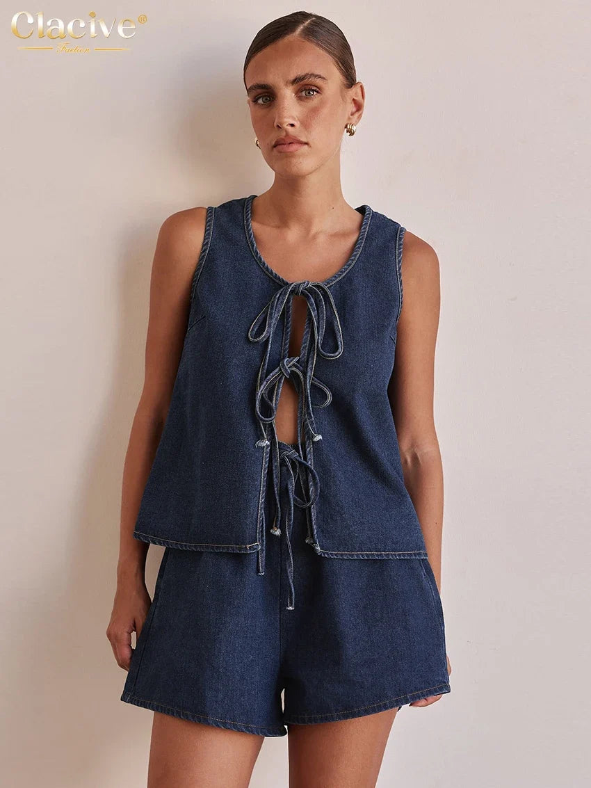 Clacive Summer Loose Blue Denim 2 Piece Sets Women Outfit 2025 Fashion Sleeveless Tank Top With High Waist Shorts Set Streetwear