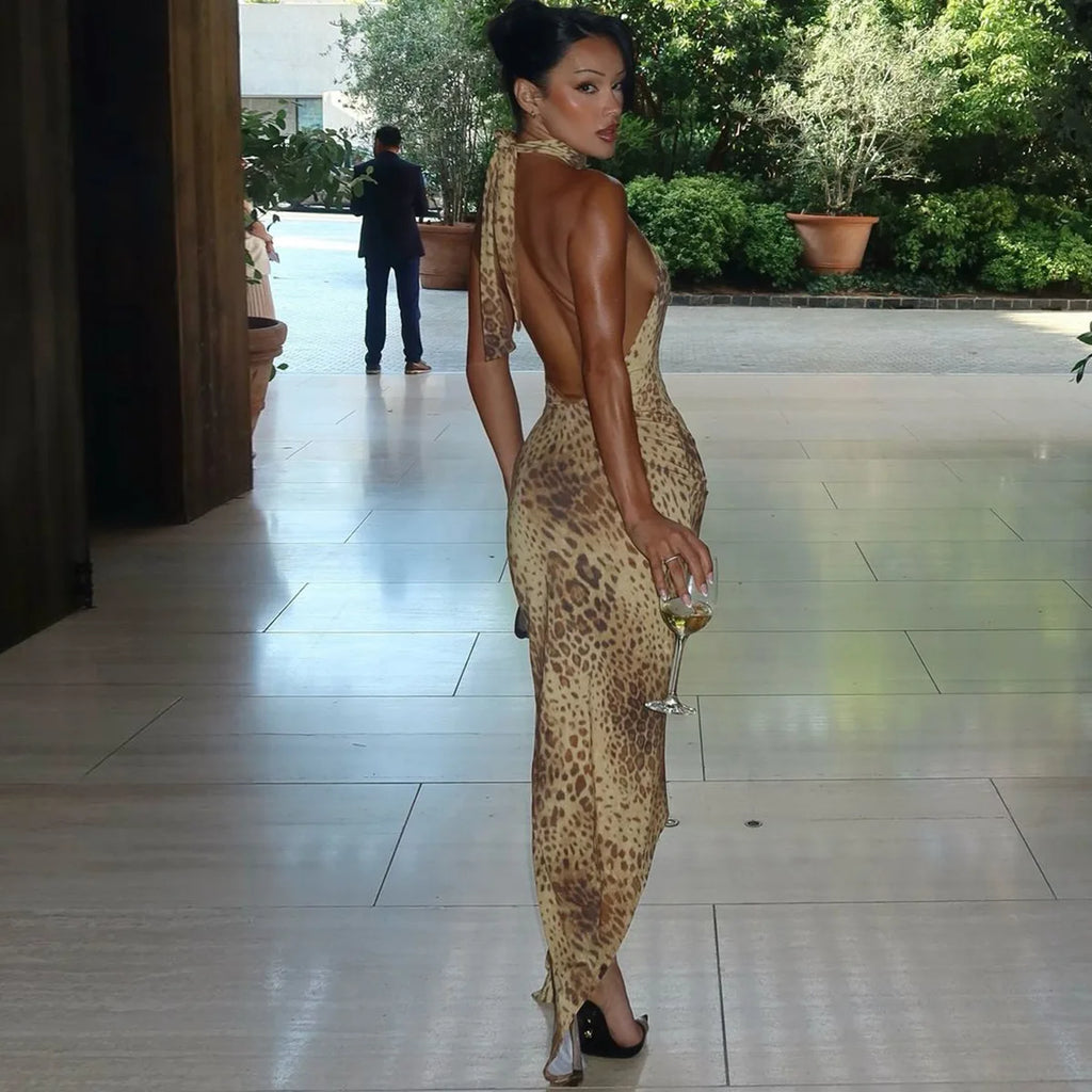 Cryptographic Fashion Halter Leopard Sexy Backless Maxi Dress Women Club Outfits Bandage Embellished Long Dresses Robe Clothes