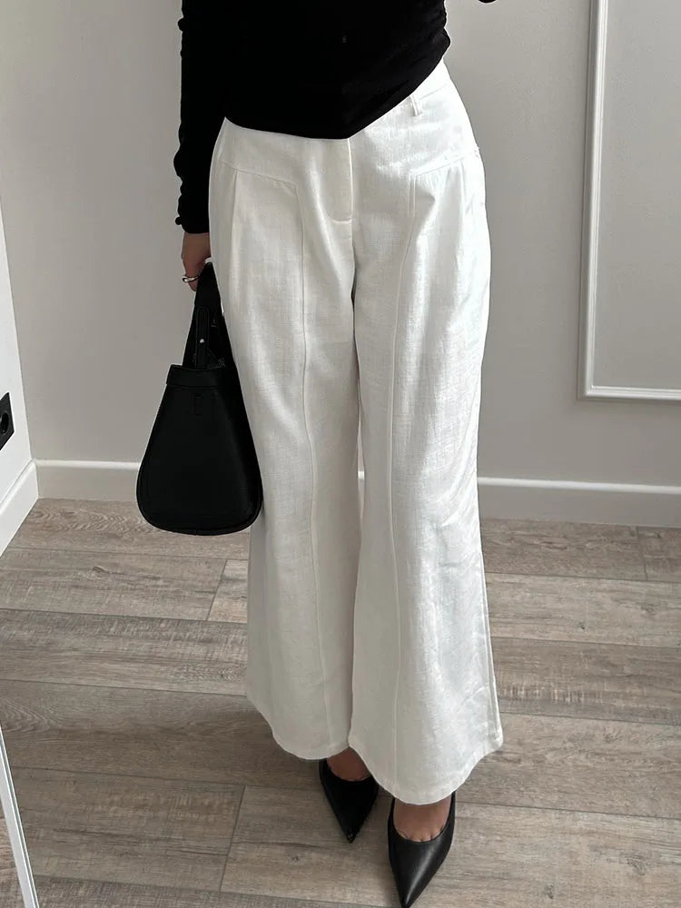 White Cotton Linen Pants Women Wide Leg Formal Trousers Summer Straight Leg Suit Pants High Waist Ladies Formal Pants Loose