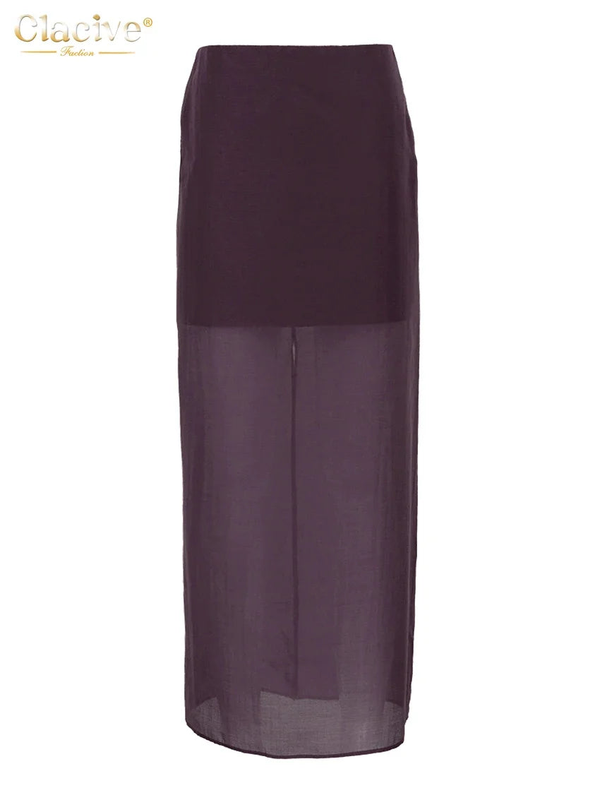 Clacive Fashion Loose Balck Women Skirt Casual High Waist Ankle Length Skirts Elegant Classic Mesh Spliced Skirt Female Clothing