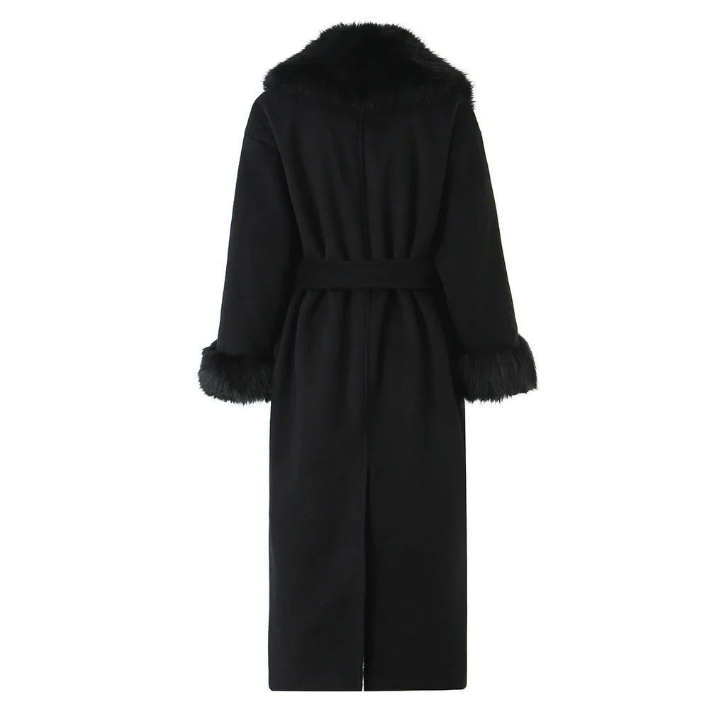 New Autumn Winter Black Shaggy Faux Fur Lapel Collar Woolen Coat Women Bow Sashes Long Sleeve No Button Midi Trench Outerwear