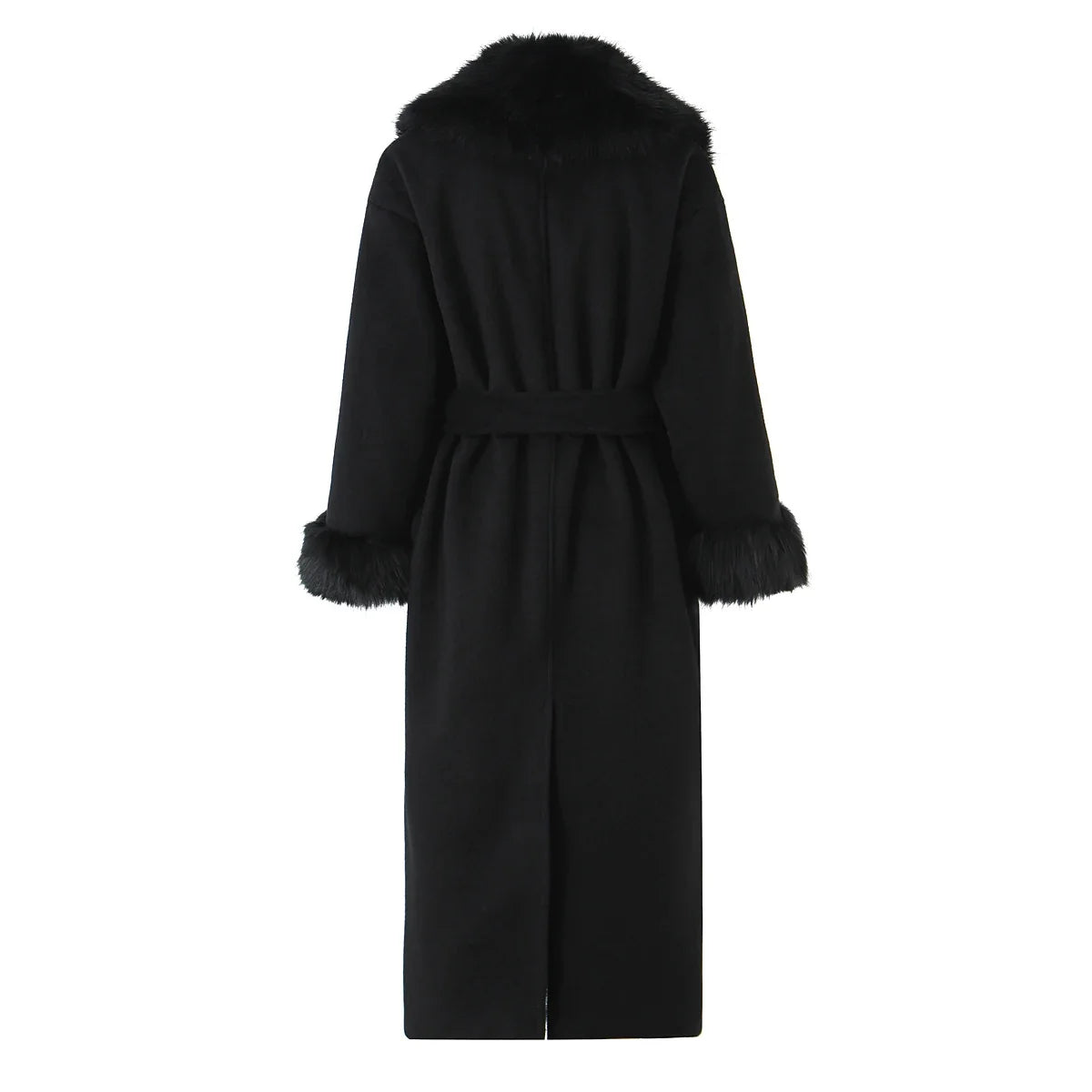 New Autumn Winter Black Shaggy Faux Fur Lapel Collar Woolen Coat Women Bow Sashes Long Sleeve No Button Midi Trench Outerwear