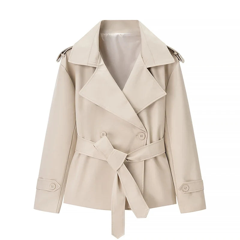 Street Lace Up Trench Coats Women Long Sleeve Lapel Waist Cinching Cropped Windbreaker Female Autumn Lady Elegant Casual Jacket