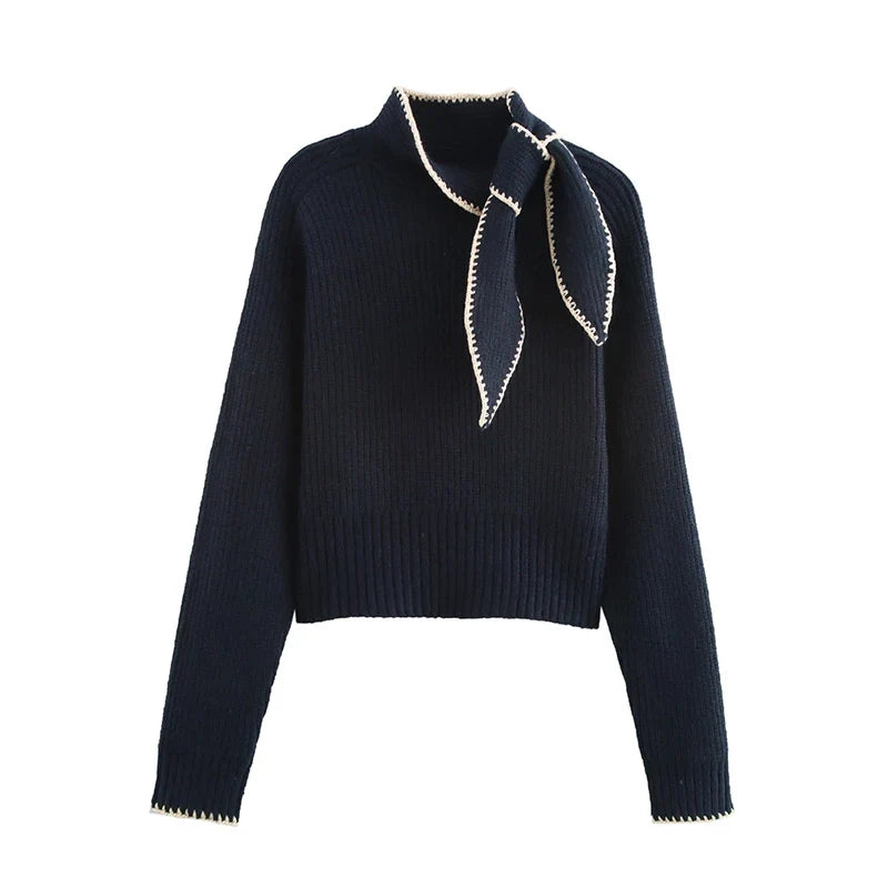 YENKYE High Neck With Bow Knit Pullover Women Long Sleeve Spring 2026 Elegant Sweater Chic Lady Tops