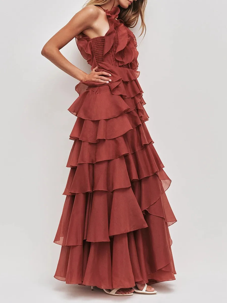 TWOTWINSTYLE Fashion Spliced Ruffles Elegant Long Dresses for Women O Neck Sleeveless High Waist Patchwork Fungus Dress Female