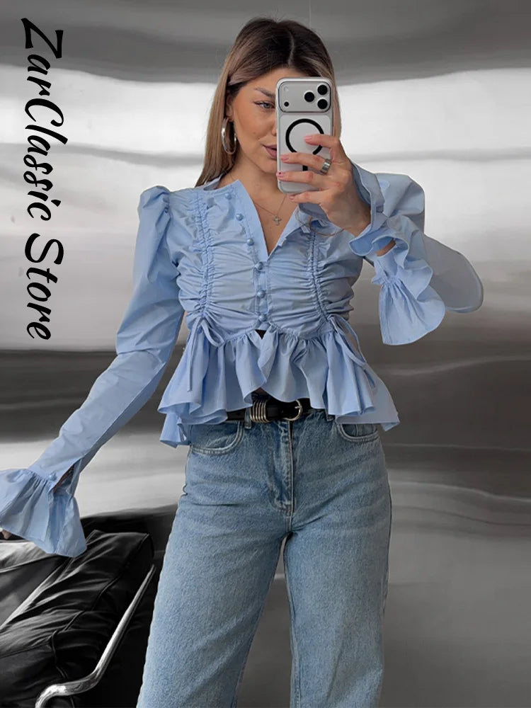 Fashion Street Ruffle Women's Blouse Solid Single Breasted Full Sleeve Pleated Cropped Shirt Lady New Casual Spring Clothing