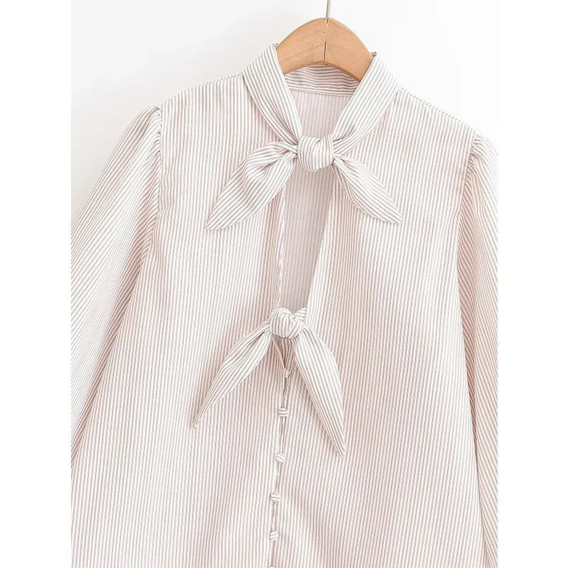 YENKYE 2026 Women Bow Tie Neck Striped Blouse Puff Sleeve Button Down Shirt Vintage Office Wear