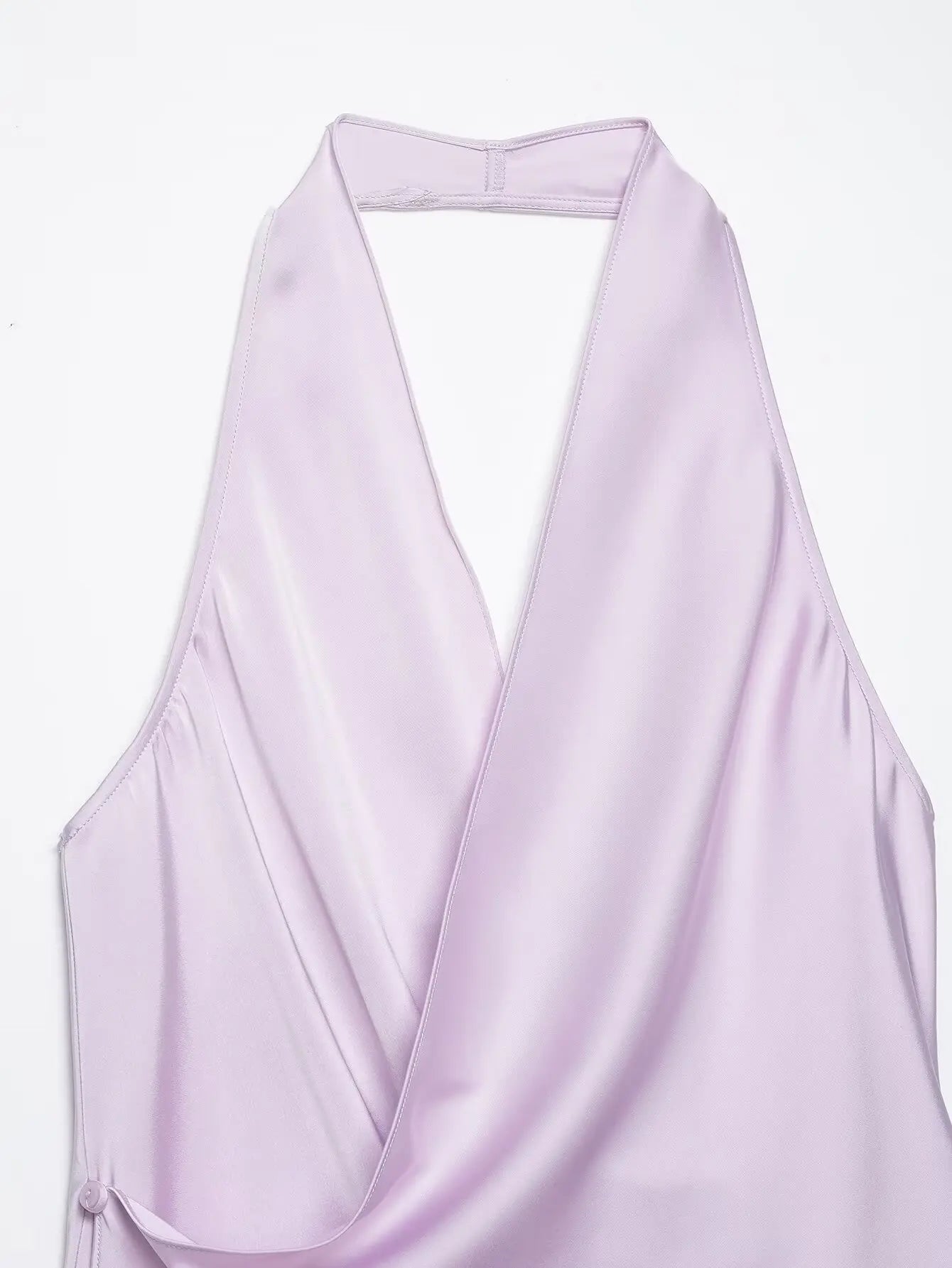 4 colors Sexy Ruched Cross Front Satin Halter Tank Top Women One Button Side Asymmetric Camisole Camis Crop Tee Brown Lavender