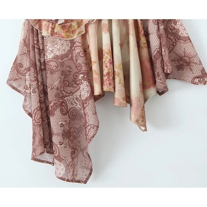 YENKYE Summer Women Vintage Print Irregular Hem Sling Mini Dress Sexy Backless Ruffle Holiday Beach Dresses Female Short Robe