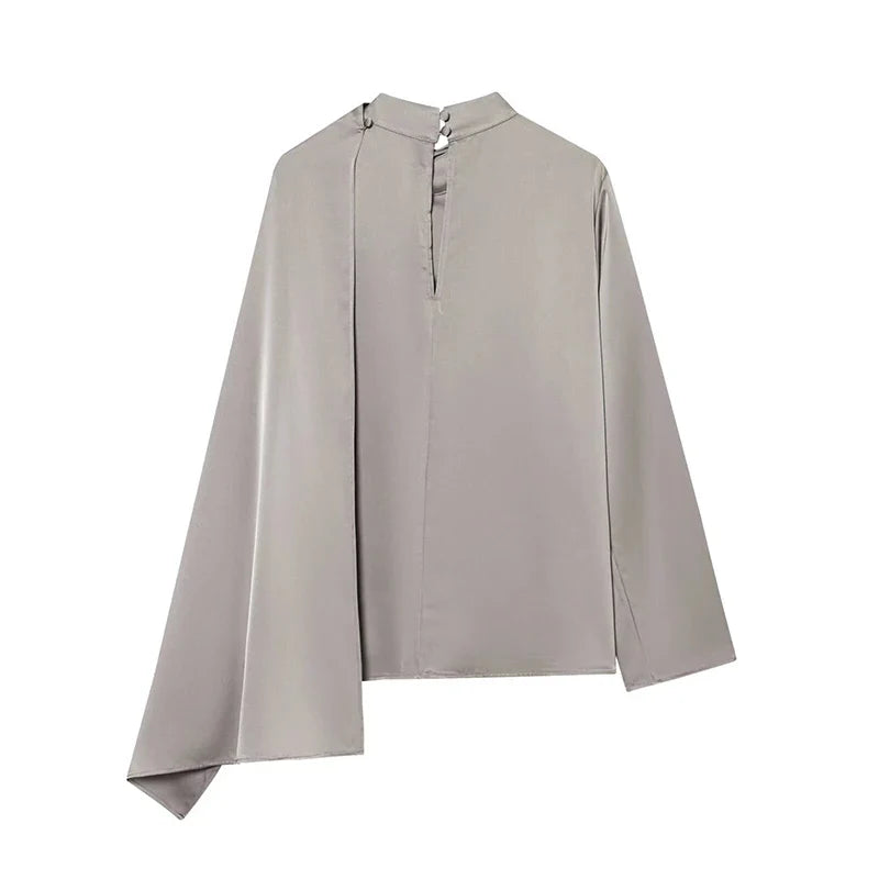 YENKYE New 2026 Women Shawl Design Satin Blouse Long Sleeve Spring High Street Elegant Tops