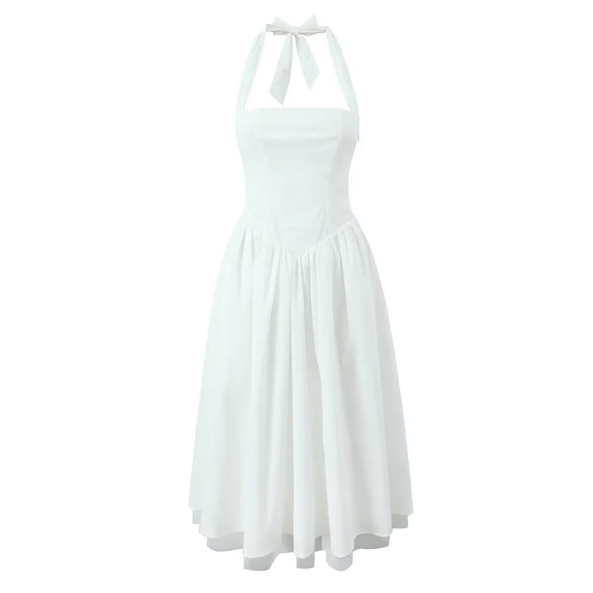 YENKYE Sexy Backless Mesh Patchwork Halter Dress For Women Lace Up Back White Black Elegant Party Dresses A-line Midi Long Robe