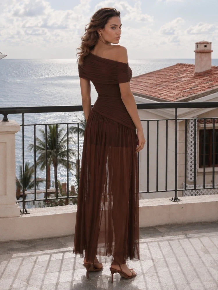 Sexy One Shoulder Ruched Design Long Dress Women Blue Brown Mesh Diagonal Collar Folds Slim Dresses Evening Party Cocktail Gowns