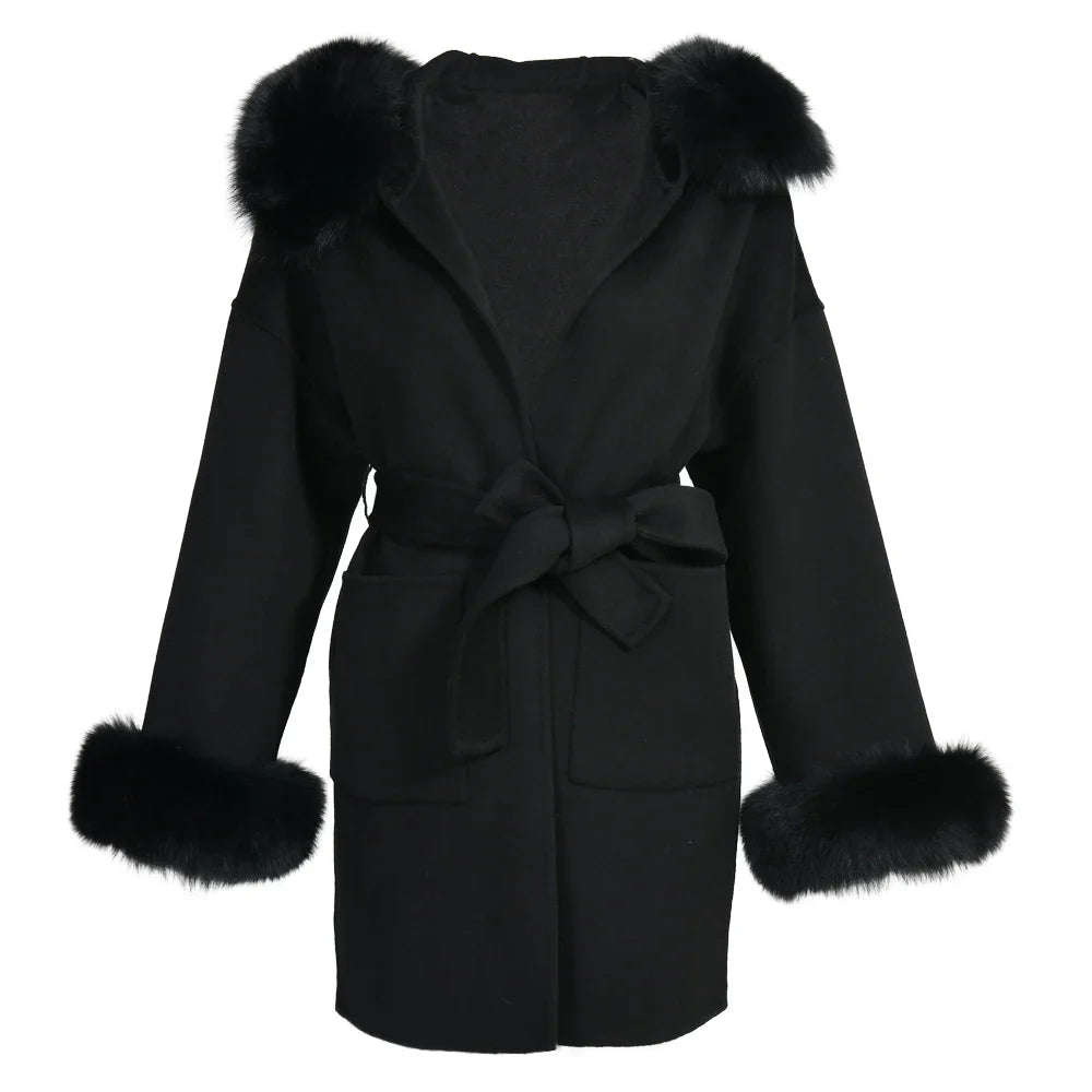 Jaxmonoy Women's Wool & Blends Coat With Real Fox Fur Ladies Autumn Winter Fashion Warm Loose Jacket with Hooded New in Outwear