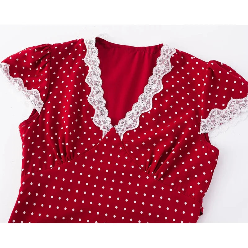 YENKYE 2025 Women French Polka Dot Red Dress Sexy Sweet Lace Trim V Neck Short Sleeve A-line Midi Summer Dresses Holiday Robe