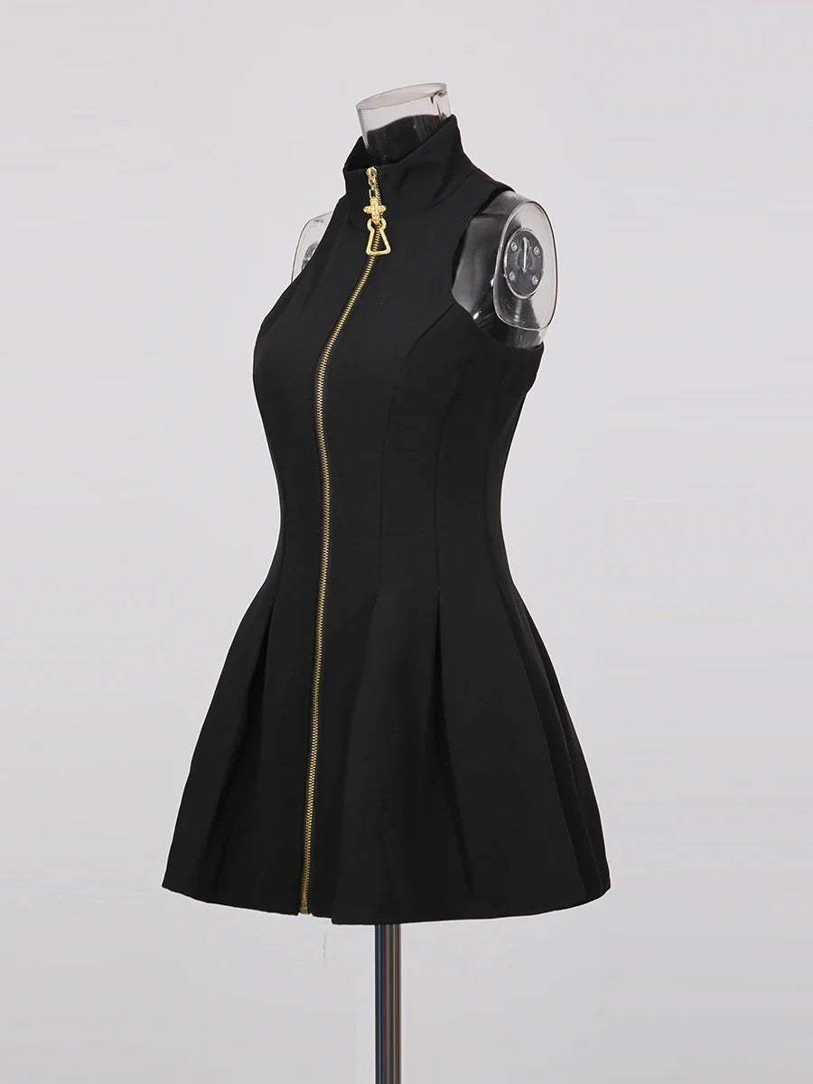 TWOTWINSTYLE Slimming Spliced Zipper Fashion Mini Dresses for Women High Neck Sleeveless High Waist Patchwork Folds Dress Female
