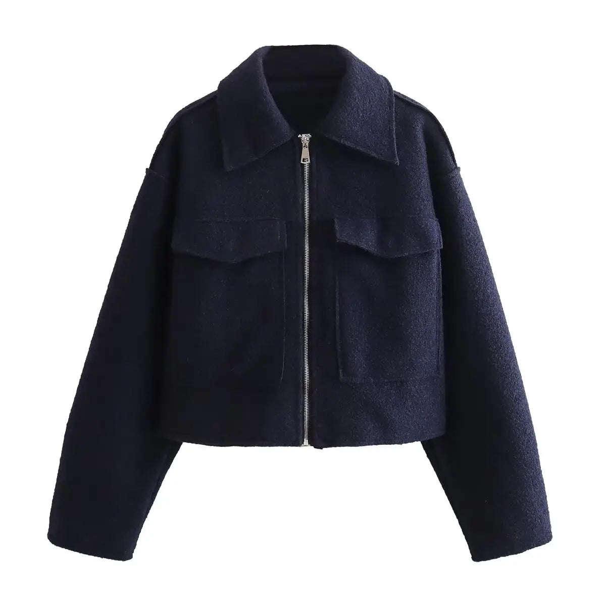 2024 Women's Elegant Solid Coat Zipper Long Sleeve Pocket Bomber Jacket Female Casual Soft Woolen Loose Streetwear Coats