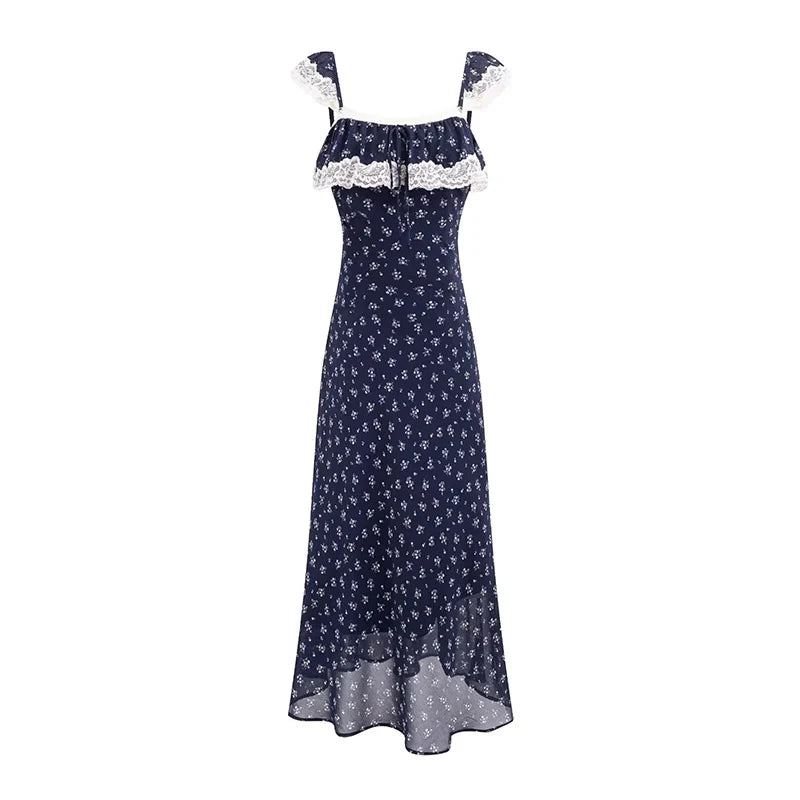YENKYE Vintage French Style Women's Red Floral Print Dress Lace Ruffle Spaghetti Strap Flowy Vacation Dresses Summer Robe