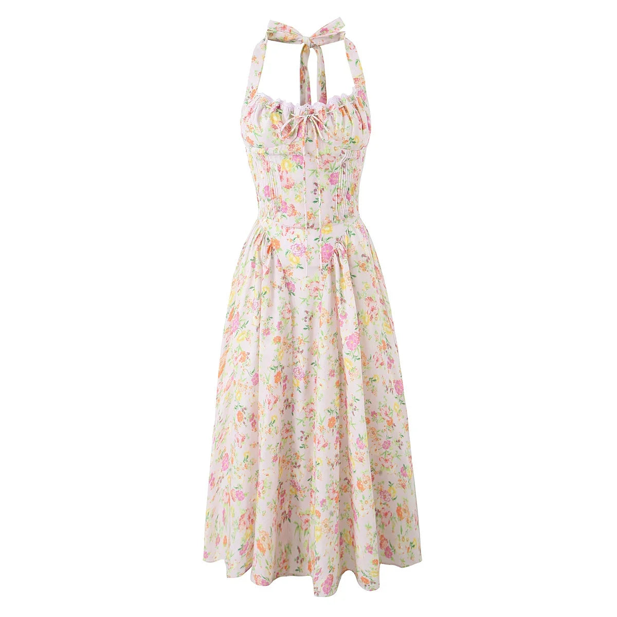 2024 Sexy Pink Corset Style Bow Halter Dress Spliced Lace Drawstring Rope Chest Pleated Slim Low Waist A-lined Swing Midi Robe