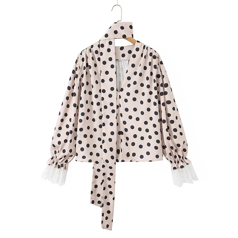2026 New Women's Polka Dot 2 Piece Outfit V Neck With Scarf Blouse + High Waist Lace Trim Mermaid Maxi Skirt Elegant Vintage Set