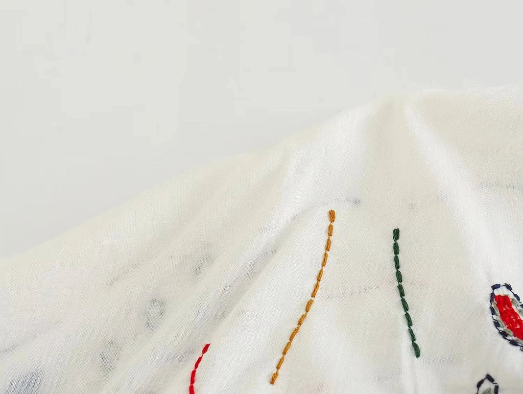 Foridol Marine Organism Embroidery Batwing Sleeve Summer Spring Maxi Skirt Set Cotton White Tassle Dress Set Outfits Button Suit