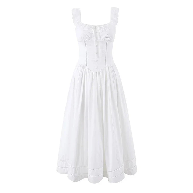 YENKYE Summer 2026 Women White Corset Midi Dress Square Neck Lace Trim Sleeveless A-Line Elegant Vacation Party Sundress Cotton