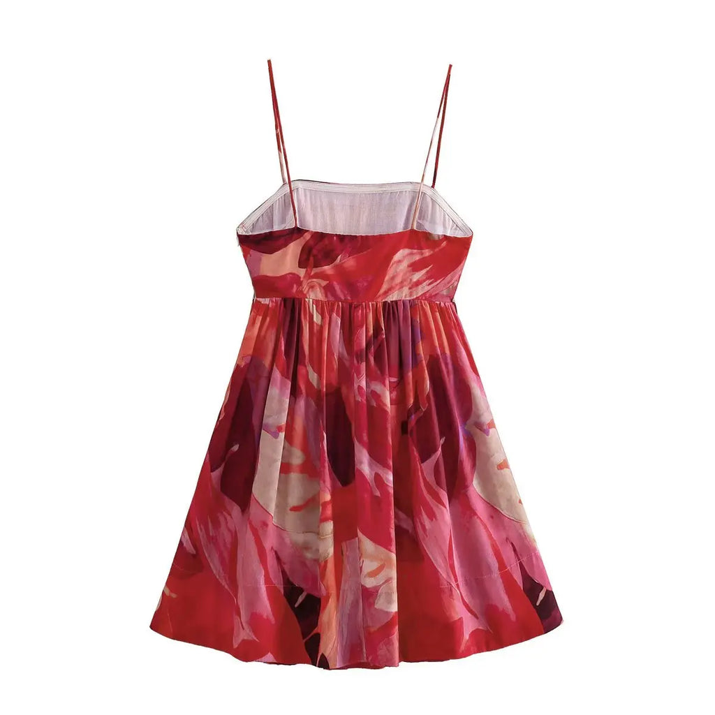 2023 Holiday Tie-dye Flower Print Slash Collar Ruched Chest Mini Sling Dress Sexy Low Back Backless Robe BOHO Summer Vestido