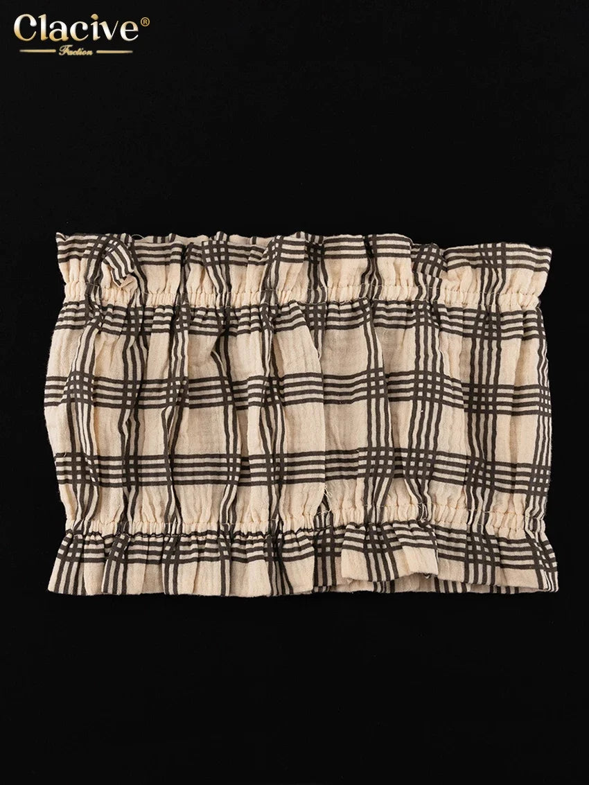 Clacive Fashion Loose Plaid Cotton Shorts Sets For Women 2 Piece Elegant Long Sleeve Shirt + Tube Top With High Waist Shorts Set