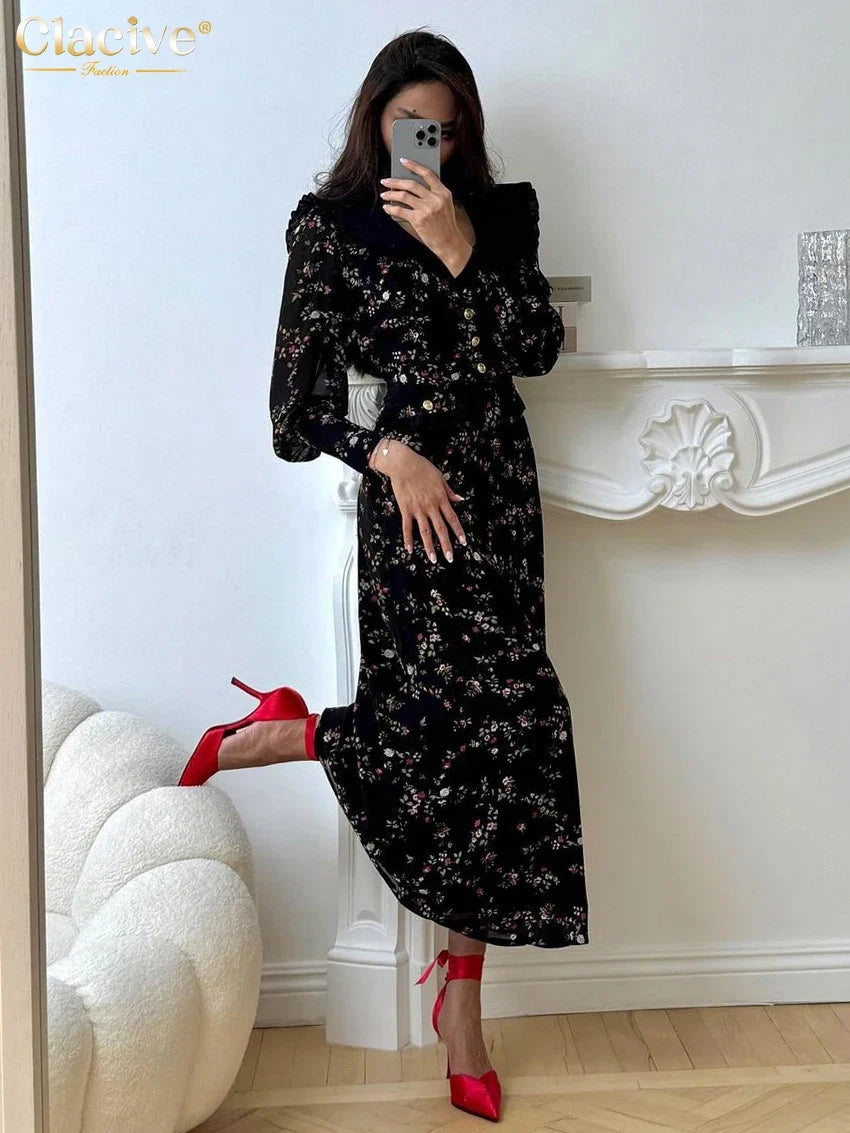 Clacive Fashion Slim Print Women's Dress 2025 Vintage Lapel Long Sleeve Ankle Length Dresses Elegant Classic Patchwork Female Dr