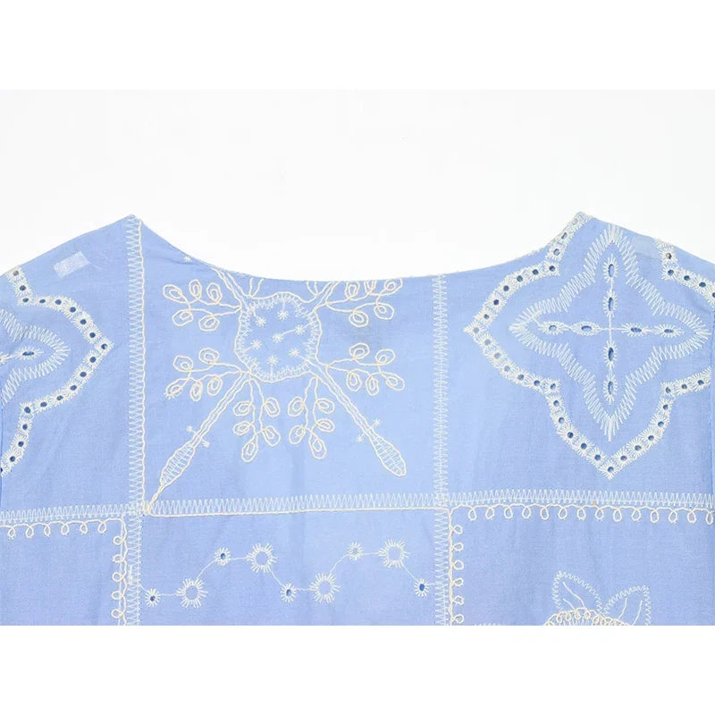 YENKYE 2026 Women Blue Hollow Out Embroidered Crop Shirt V-Neck Tie Front Short Sleeve Blouse Casual Summer Boho Tops