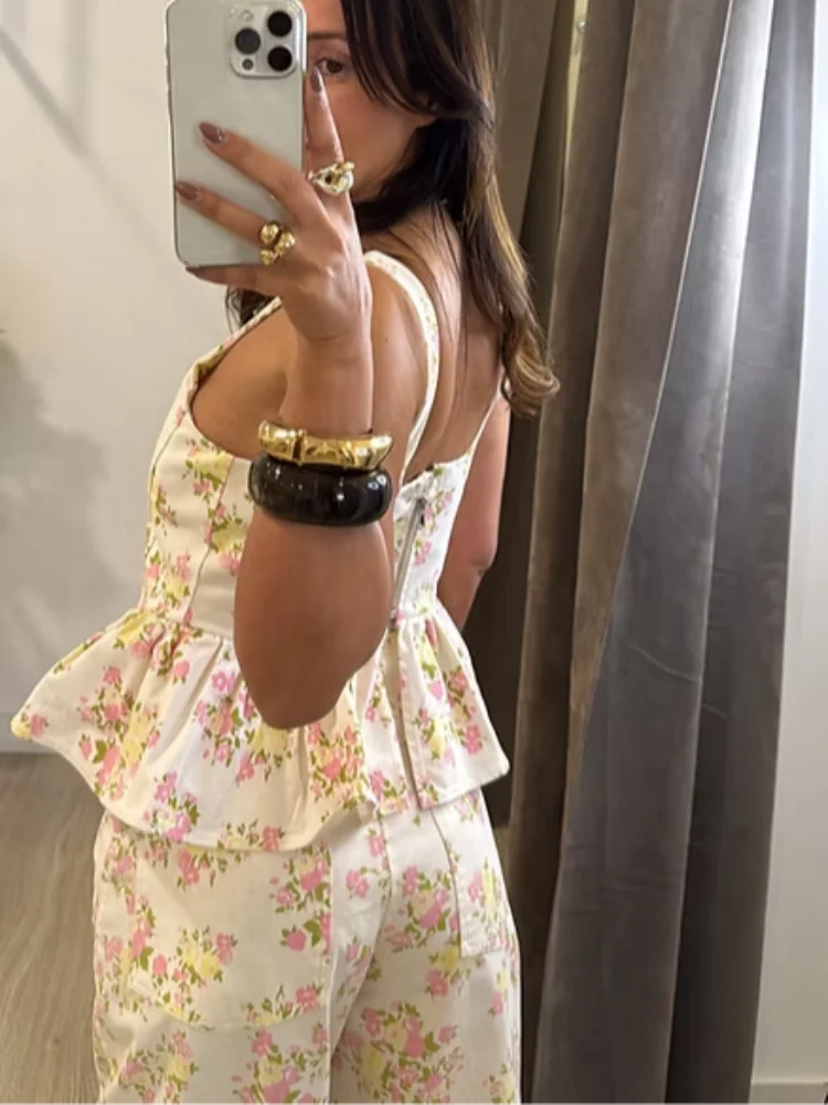 Floral Print Women's Pants Set Sleeveless Crop Top Matching High Waist Wide Leg Trousers 2-Piece Co-ord Spring Woman Outfit