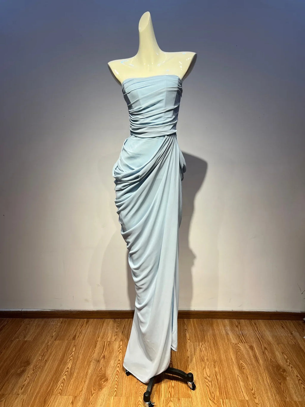 VC Elegant Blue Strapless Pleated Ruched Maxi Dress for Women Sexy High Split Bodycon Evening Gown Party Cocktail Dress vestidos