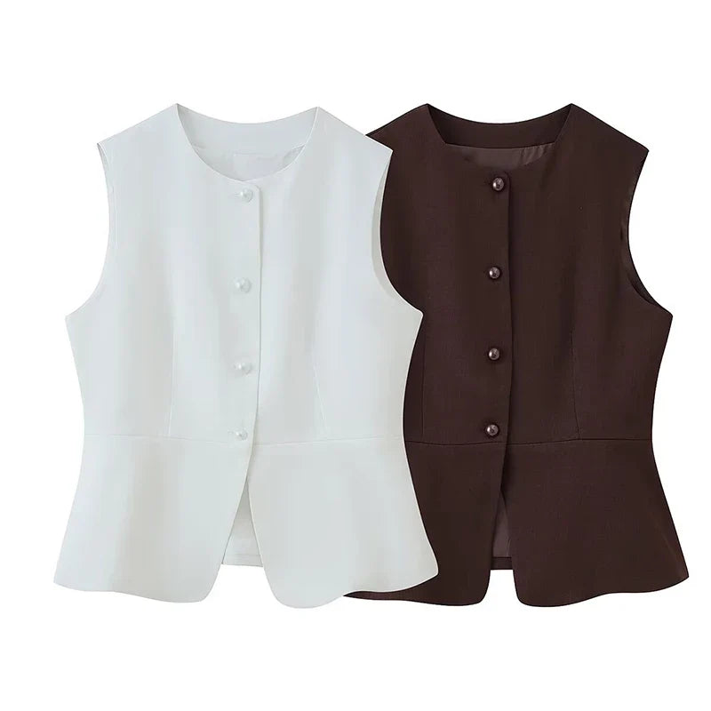 YENKYE 2025 White Sleeveless Vest For Women Front Button O Neck Office Elegant Waistcoat Fashion Lady Tops New
