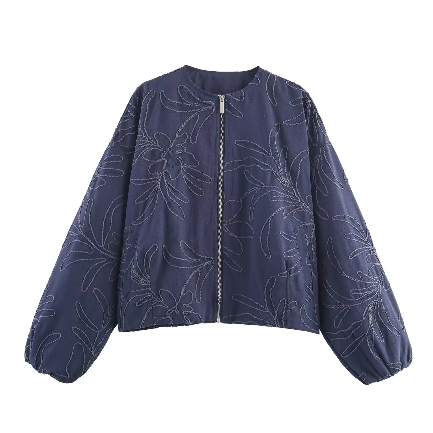 YENKYE 2025 Women O Neck Long Sleeve Embroidery Jacket Front Zipper Loose Crop Bomber Outerwear Lady Commuting Casual Outfits