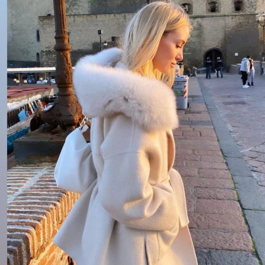Jaxmonoy Women's Wool & Blends Coat With Real Fox Fur Ladies Autumn Winter Fashion Warm Loose Jacket with Hooded New in Outwear