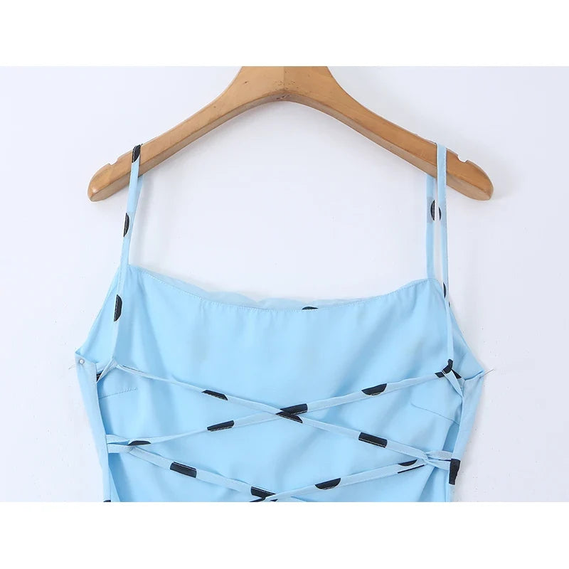 YENKYE Women Light Blue Polka Dot Sling Long Dress Sexy Backless Bandage Bodycon Casual Summer Sundress Chiffon Vestidos
