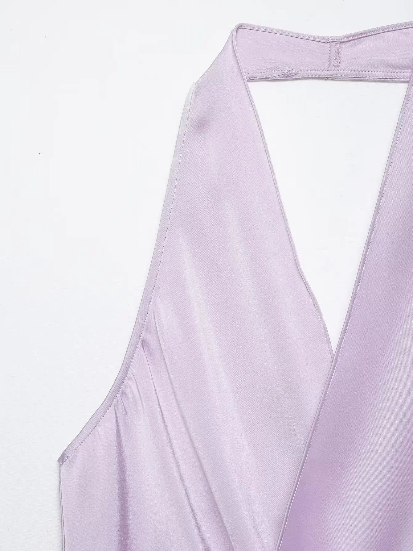 4 colors Sexy Ruched Cross Front Satin Halter Tank Top Women One Button Side Asymmetric Camisole Camis Crop Tee Brown Lavender