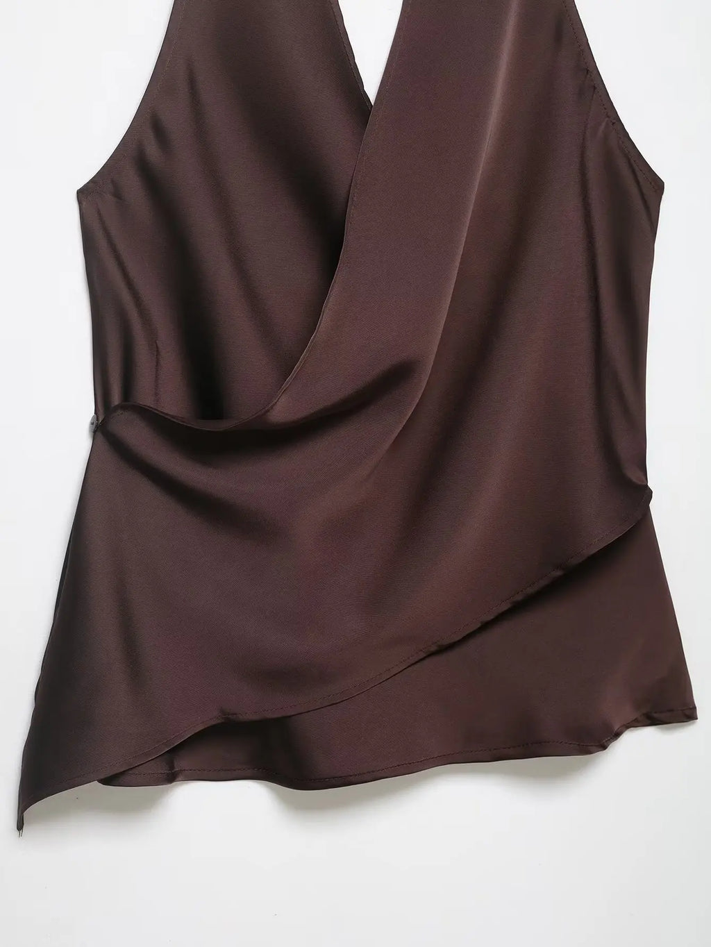 4 colors Sexy Ruched Cross Front Satin Halter Tank Top Women One Button Side Asymmetric Camisole Camis Crop Tee Brown Lavender