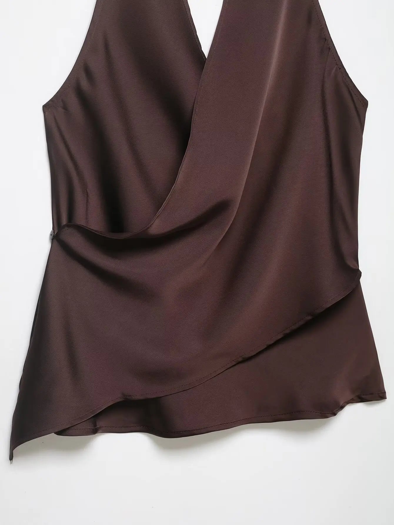 4 colors Sexy Ruched Cross Front Satin Halter Tank Top Women One Button Side Asymmetric Camisole Camis Crop Tee Brown Lavender